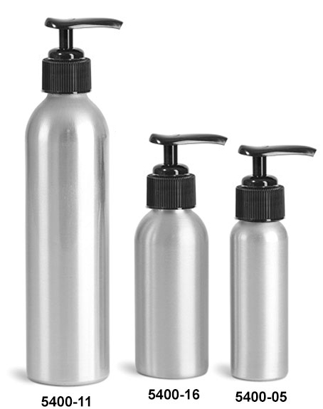 Metal Containers, Aluminum Bottles w/ Black Lotion Pumps