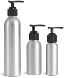 Metal Containers, Aluminum Bottles w/ Black Lotion Pumps