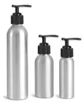 Metal Containers, Aluminum Bottles w/ Black Lotion Pumps