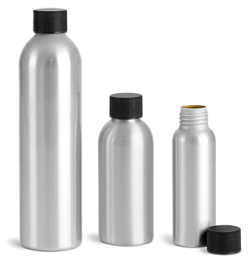 Metal Containers, Aluminum Bottles w/ Black Plastic Caps