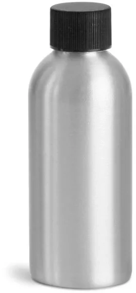 Metal Containers, Aluminum Bottles w/ Black Plastic Caps