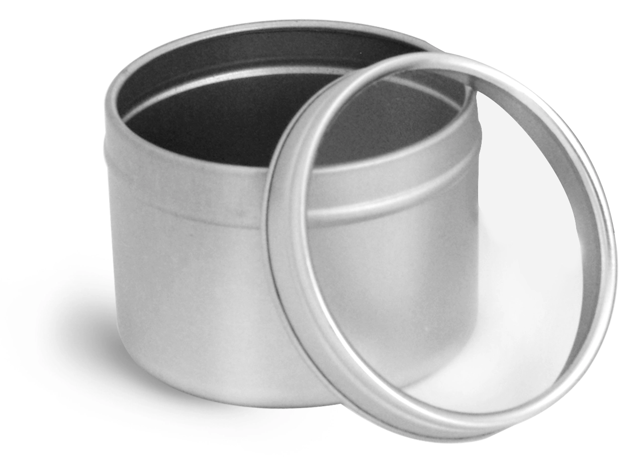4 oz Round Metal Tins With Clear View Tops
