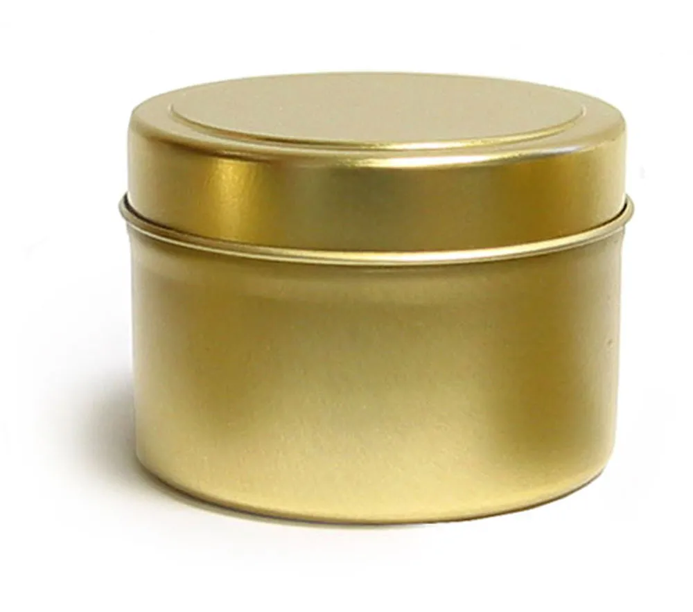 4 oz Gold Metal Tins, Gold Metal Tins w/ Rolled Edge Covers