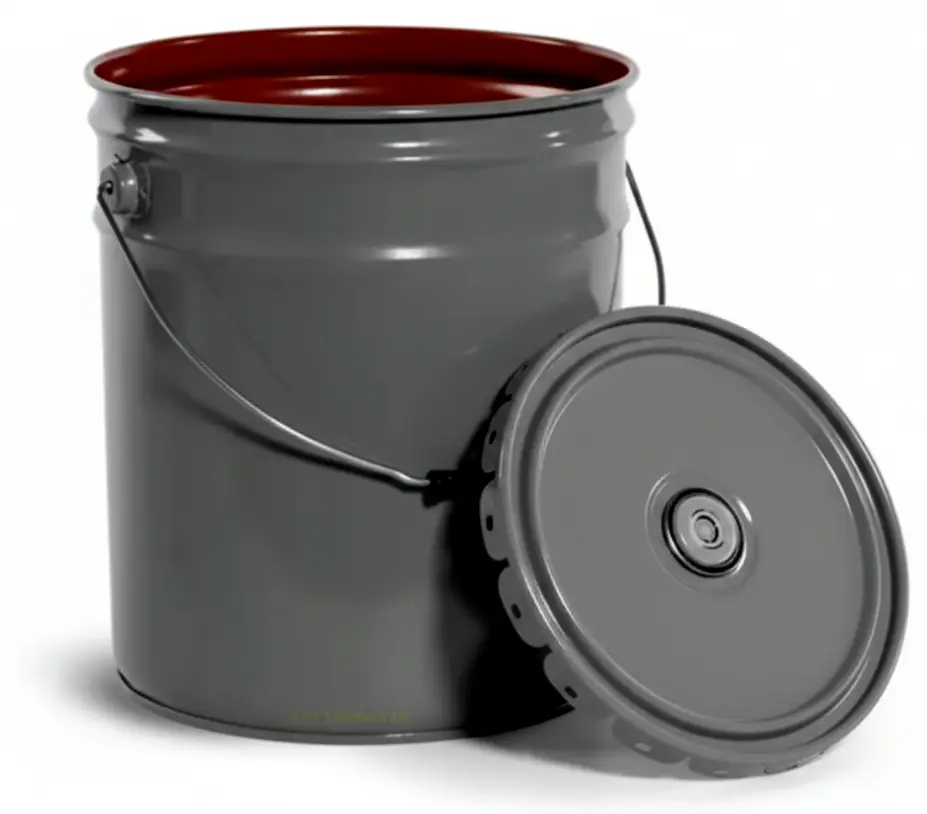 5 gallon Gray Open Head Pails w/ Red Phenolic Liners & Gray Lug Covers W/ Rieke Spout