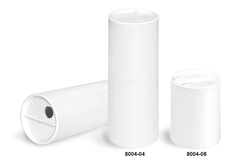Paperboard Packaging, White Paperboard Powder Tubes w/ White Sifter Caps