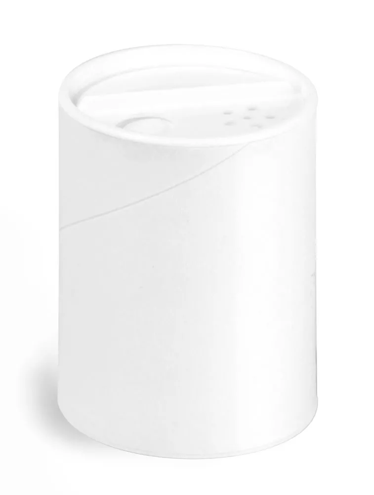 2 oz Paperboard Containers, White Paperboard Powder Tubes w/ White Sifter Caps