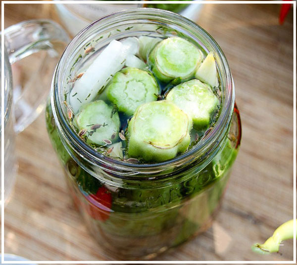 Garden Pickled Okra + Peppers in Glass Mason Jars