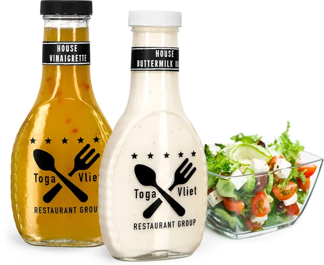 Clear Glass Salad Dressing Bottles w/ Ribbed Black Lined Caps