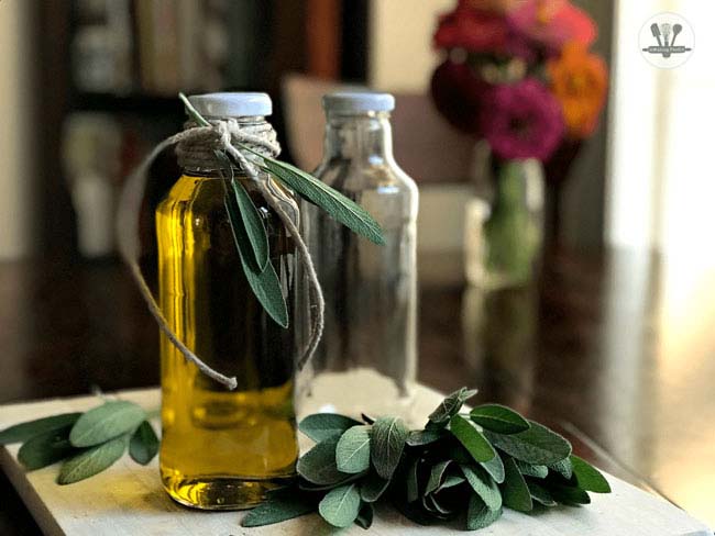 DIY - Sage Infused Olive Oil in Glass Beverage Bottles