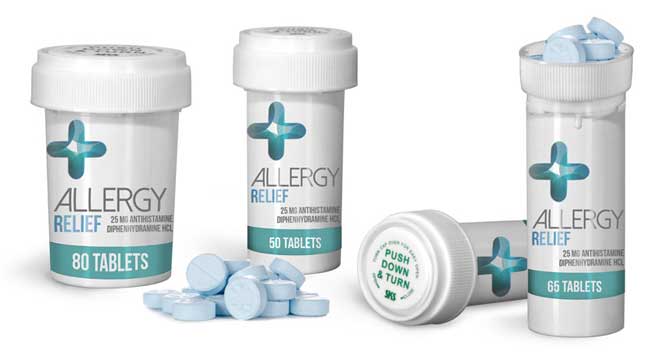 OTC Pharmaceutical Vials, White Allergy Relief Child Resistant Vials w/ Reversible Caps