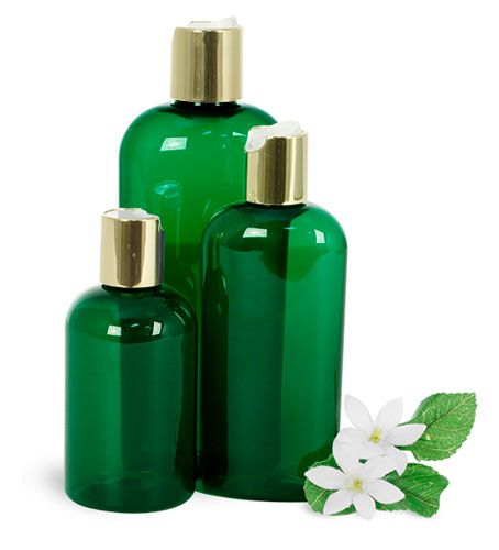 Green PET Bath & Body Bottles w/ Gold Disc Top Caps