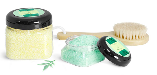 Clear Square PET Bath Salt Jars With Black Dome F217 Lined Caps