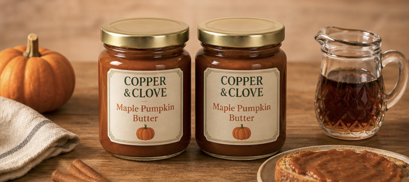 Brown Butter Maple Pumpkin Butter in Glass Wide Mouth Jars