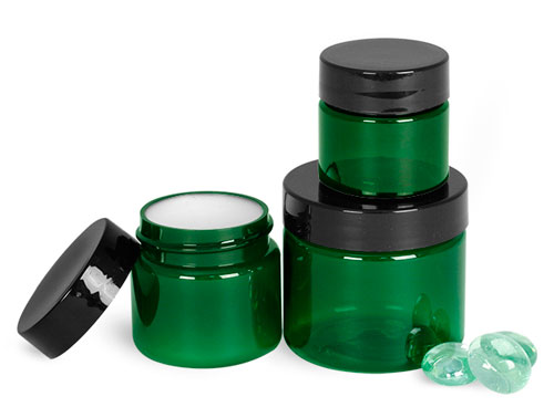 Green PET Jars With Smooth Black Lined Caps