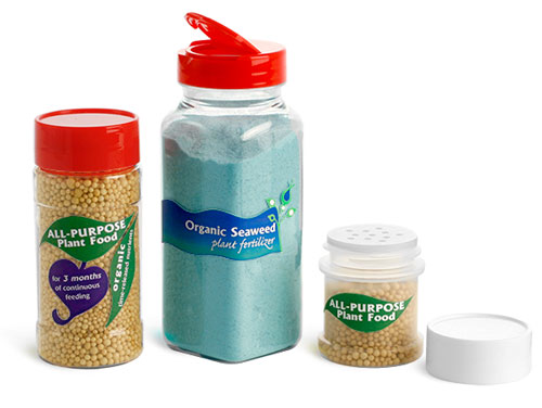 Plastic Plant Food Bottles & Jars w/ Dispensing Caps