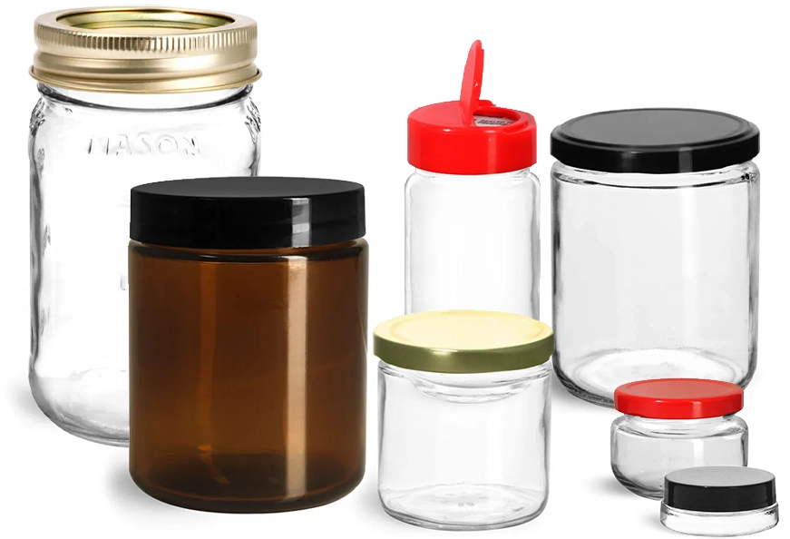 8 oz. FLINT SQUARE Glass Mason Jelly Jar w/ 2 Part Gold Cap with Red Ring  Liner (12/Case)