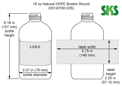 Line Drawing for 16 oz Natural HDPE Boston Round (Bulk), Caps NOT Included