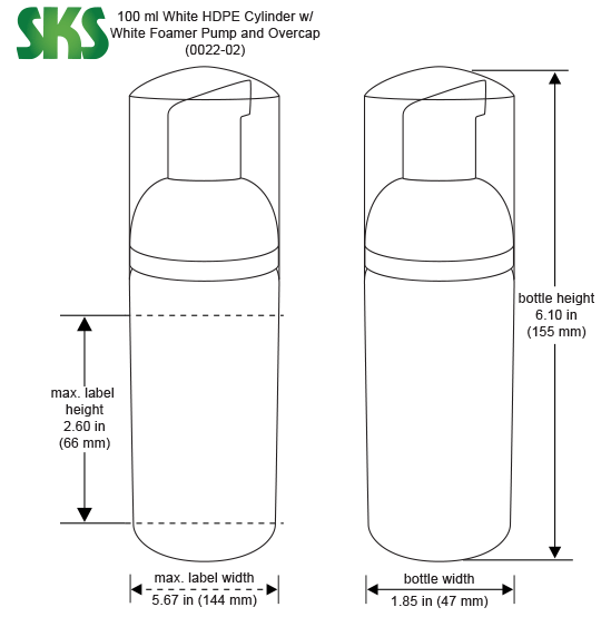 White HDPE Cylinder Bottles w/ White Foamer Pumps & Overcaps