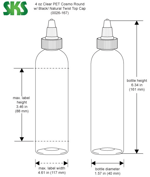 Clear PET Cosmo Round Bottles w/ Black Induction Lined Disc Top Caps