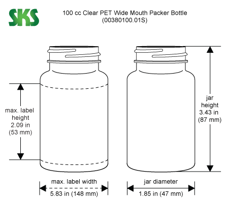 Line Drawing for 100 cc Clear PET Wide Mouth Packer Bottles, (Bulk) Caps Not Included
