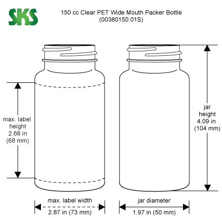 Line Drawing for 150 cc Clear PET Wide Mouth Packer Bottles, (Bulk) Caps Not Included