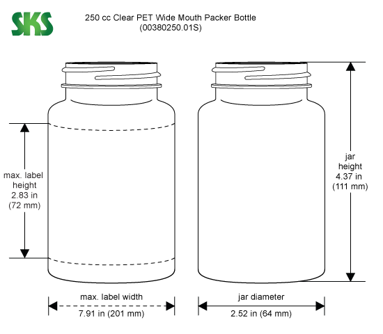 Line Drawing for 250 cc Clear PET Wide Mouth Packer Bottles, (Bulk) Caps Not Included