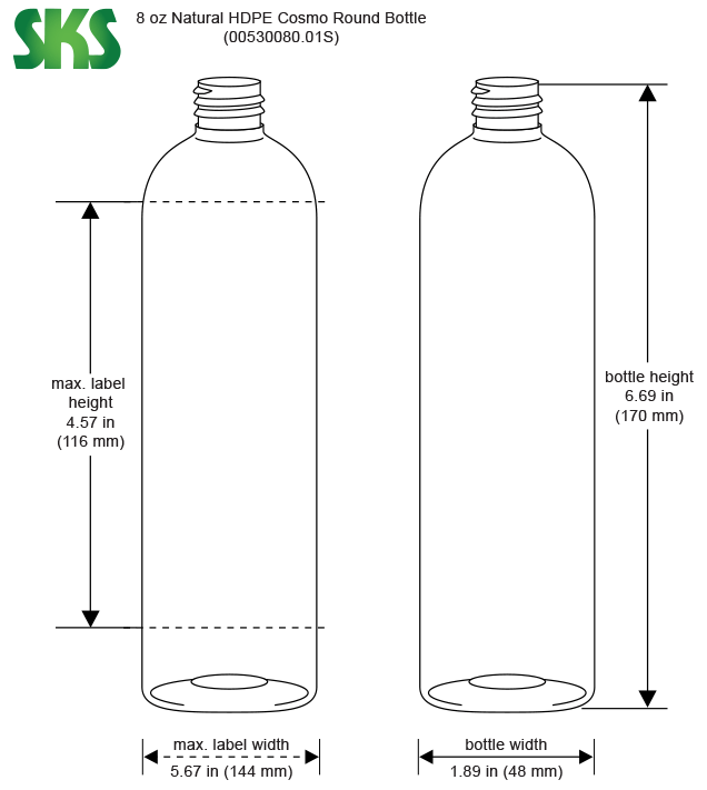 Line Drawing for 8 oz Natural HDPE Cosmo Round Bottles (Bulk), Caps NOT Included