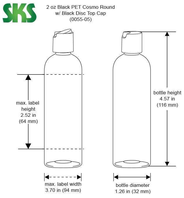 Clear PET Cosmo Round Bottles w/ Black Induction Lined Disc Top Caps