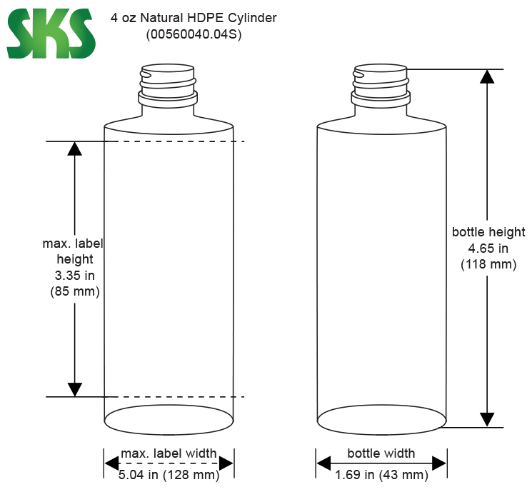 Line Drawing for 4 oz Natural HDPE Cylinder Bottles (Bulk), Caps NOT Included