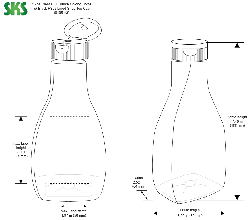 Clear PET Oblong Sauce Bottles w/ Black PS22 Lined Snap-Top Caps