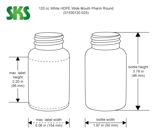 Line Drawing for 120 cc Plastic Bottles, White HDPE Pharmaceutical Round (Bulk), Caps NOT Included