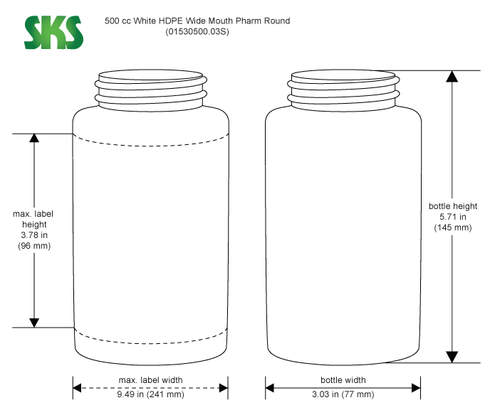 Line Drawing for 500 cc Plastic Bottles, White HDPE Pharmaceutical Round (Bulk), Caps NOT Included