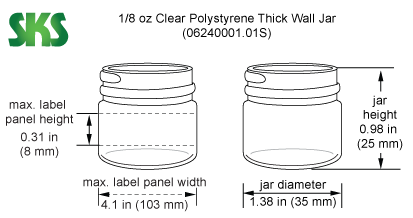 Line Drawing for 1/8 oz Clear Styrene Thick Wall Jars (Bulk), Caps Not Included