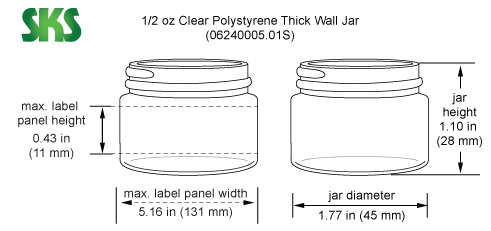 Line Drawing for 1/2 oz Clear Styrene Thick Wall Jars (Bulk), Caps Not Included