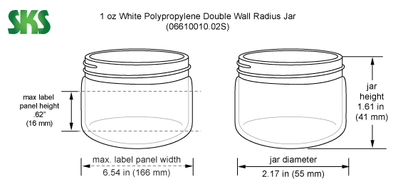 Line Drawing for 1 oz White Polypropylene Double Wall Radius Jars (Bulk), Caps Not Included