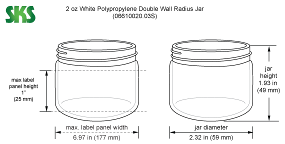Line Drawing for 2 oz White Polypropylene Double Wall Radius Jars (Bulk), Caps Not Included