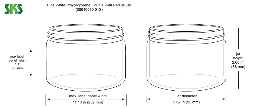Line Drawing for 8 oz White Polypropylene Double Wall Radius Jars (Bulk), Caps Not Included
