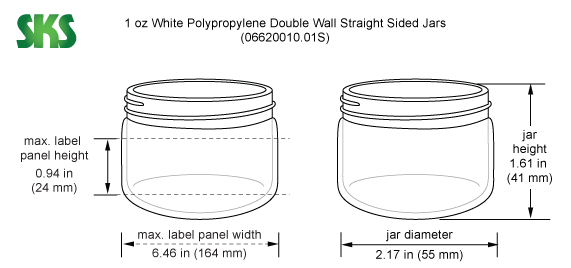 Line Drawing for 1 oz White Polypropylene Double Wall Straight Sided Jars (Bulk), Caps Not Included