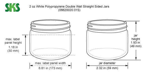 Line Drawing for 2 oz White Polypropylene Double Wall Straight Sided Jars (Bulk), Caps Not Included