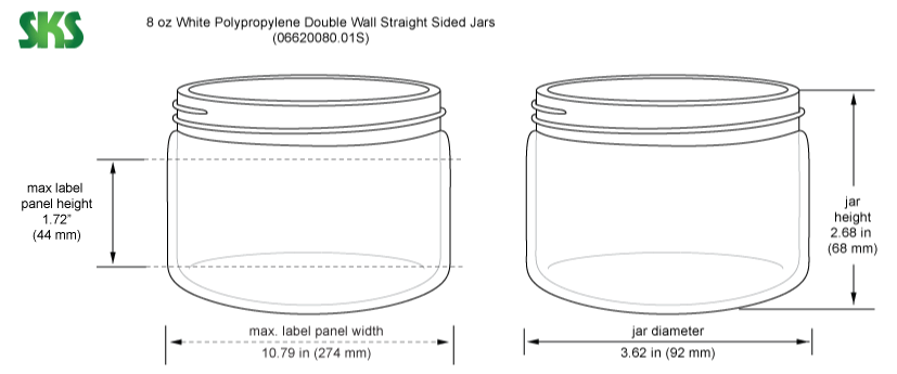 Line Drawing for 8 oz White Polypropylene Double Wall Straight Sided Jars (Bulk), Caps Not Included