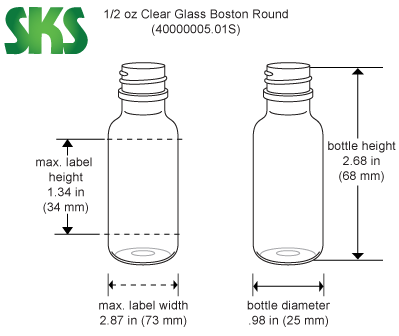 Line Drawing for 1/2 oz Clear Glass Round Bottles (Bulk), Caps NOT Included