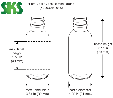 Line Drawing for 1 oz Clear Glass Round Bottles (Bulk), Caps NOT Included
