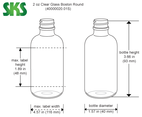 Line Drawing for 2 oz Clear Glass Round Bottles (Bulk), Caps NOT Included
