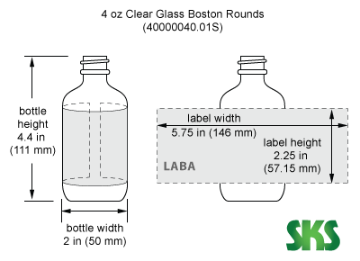 Line Drawing for 4 oz Clear Glass Round Bottles (Bulk), Caps NOT Included