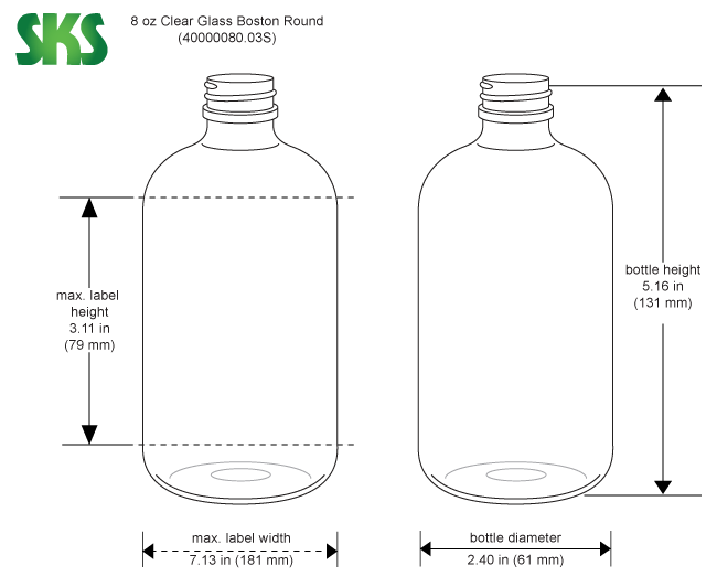 Line Drawing for 8 oz Clear Glass Round Bottles (Bulk), Caps NOT Included