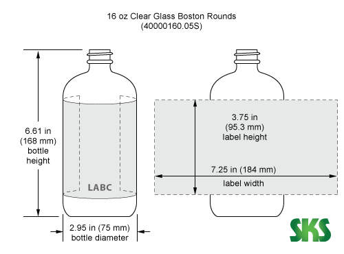 Line Drawing for 16 oz Clear Glass Round Bottles (Bulk), Caps NOT Included