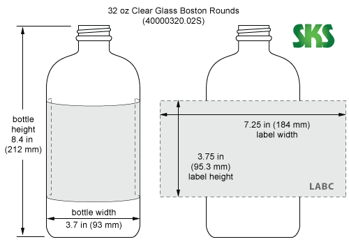 Line Drawing for 32 oz Clear Glass Round Bottles (Bulk), Caps NOT Included
