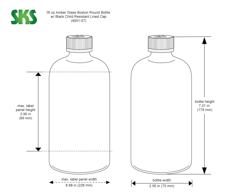 Certified, Clean 16 oz Amber Glass Boston Round Bottles, PTFE Lined Caps,  case/12