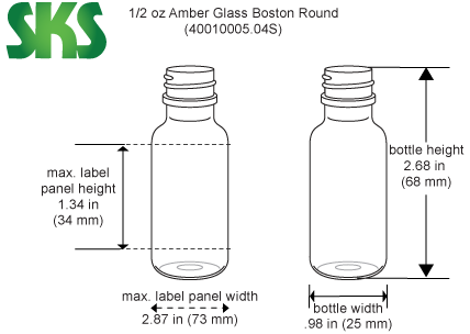 Line Drawing for 1/2 oz        Amber Glass Round Bottles (Bulk), Caps NOT Included
