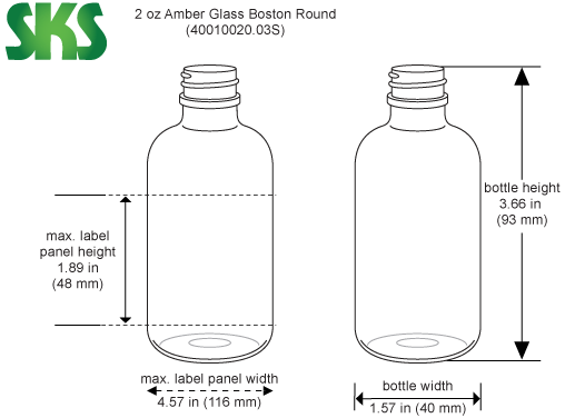 Line Drawing for 2 oz        Amber Glass Round Bottles (Bulk), Caps NOT Included